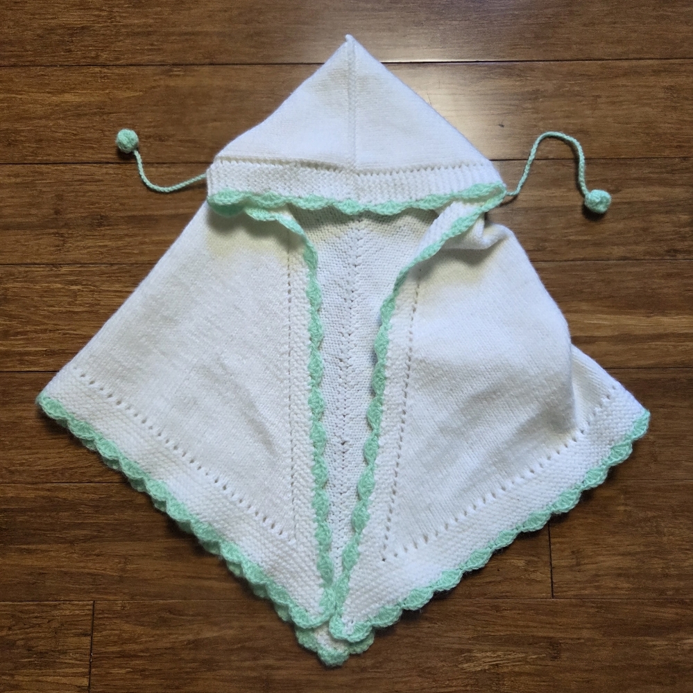 Vintage Baby Hooded Poncho with Green Trim Pompoms